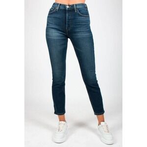 Re/Done Women's 31 Jeans 90s High‎ Rise Ankle Crop Bright Faded Blue Button Fly